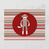 Carte Postale Cute Sock Monkey on Red Circle Red Brown Stripes (Devant)