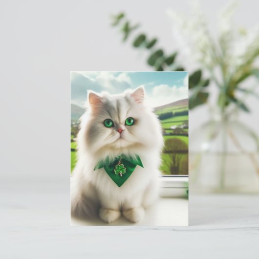 Carte Postale Cute St Patricks Day Chat Fluffy Blanc Chat (Debout devant)