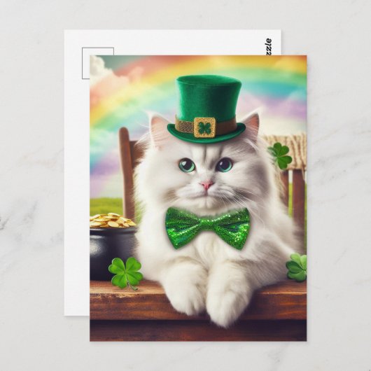 Carte Postale Cute St. Patricks Day Chat Rainbow Pot d'or (Devant / Derrière)