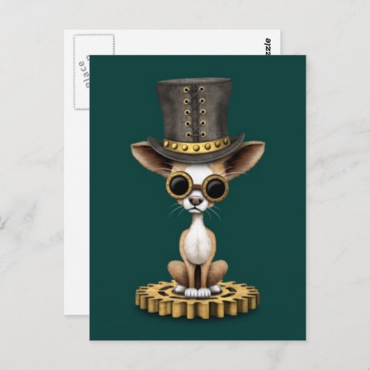 Carte Postale Cute Steampunk Chihuahua Chiot Chien, turquoise (Devant / Derrière)