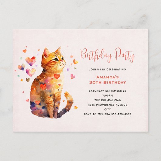 Carte Postale Cute Tabby Chat avec Coeurs Anniversaire Invitatio (Devant)