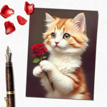 Cute Tabby Ginger Chat tenant une Rose rouge