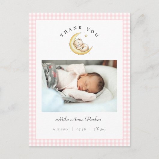 Carte Postale Cute Teddy Bear Gingham Girl Birth Announcement (Devant)