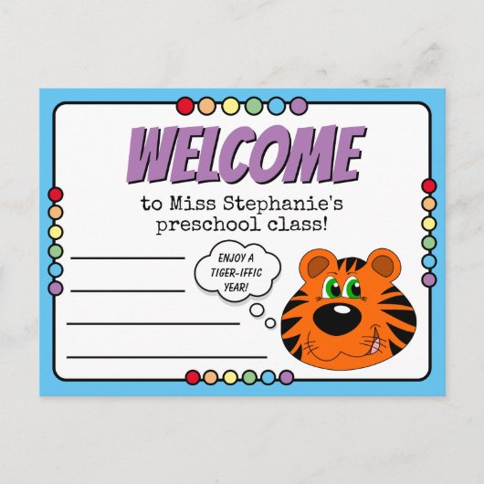 Carte Postale Cute Tiger Et Arc-En-Ciel Primaire Bienvenue En Cl (Devant)