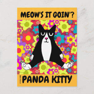 CARTE POSTALE CUTE TUXEDO CAT ART, PANDA KITTY S'ASSEOIR