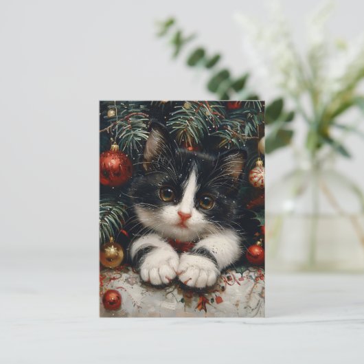 Carte Postale Cute Tuxedo Kitten Christmas Chat Art (Debout devant)
