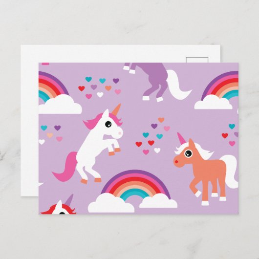 Carte Postale Cute Unicorn Arc-en-ciel violet (Devant / Derrière)