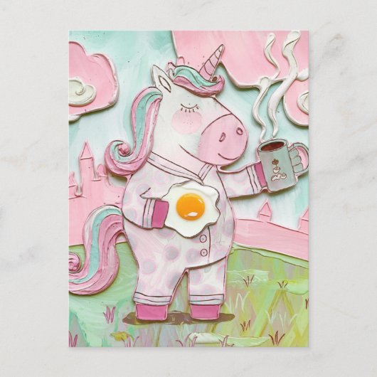 Carte Postale Cute Unicorn avec café et oeuf (Devant)