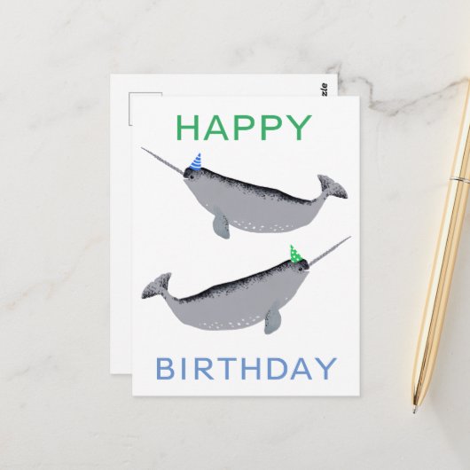 Carte Postale Cute Unicorn Narwhal Whaley Joyeux Anniversaire (Devant/Arrière en situation)