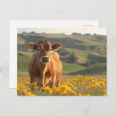 Carte Postale Cute Vache Laitière Jaune Fleurs sauvages (Devant / Derrière)