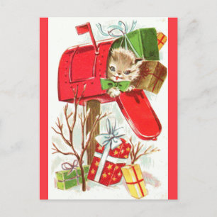 Carte Postale Cute Vintage Christmas Kitten Cat Cadeau