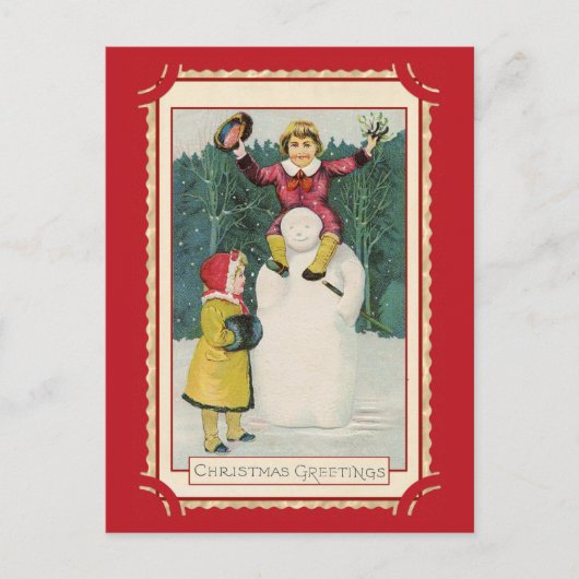 Carte Postale Cute Vintage Noël Salutations Enfants Snowman (Devant)