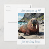Carte Postale Cute Walrus on a Sandy Beach | Saying Hello (Devant / Derrière)