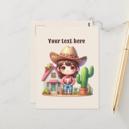 Carte Postale Cute Western Cowgirl ajouter un message (Devant/Arrière en situation)