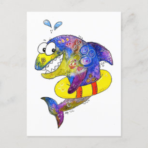 Carte Postale Cute Whimsical Requin coloré en flotteur