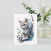 Carte postale Cute White Kitten avec détails flora (Debout devant)