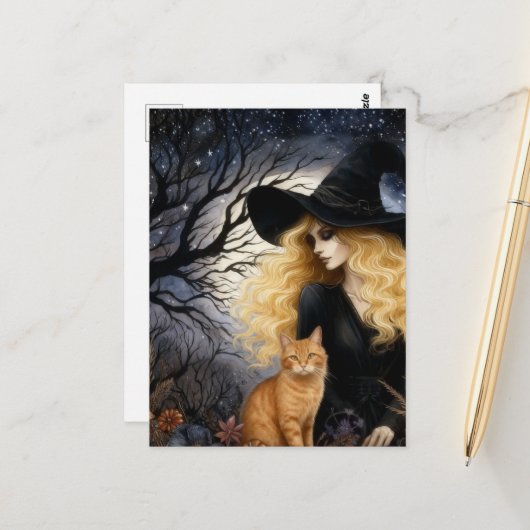 Carte Postale Cute Witch With Her Ginger Kitty (Devant/Arrière en situation)
