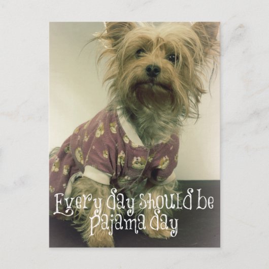 Carte Postale Cute Yorkshire Terrier en pyjama avec une citation (Devant)