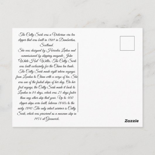 Carte Postale Cutty Sark Clipper ship (Dos)