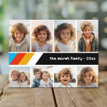 Carte Postale Cyan Retro Stripe - 8 Photo Collage<br><div class="desc">Avant - 8 Modèle photo dans une grille simple avec une bordure blanche. Un motif rayé amusant et rétro avec rouge, or et bleu sur un arrière - plan noir. et une police simple font un design moderne et minimal à envoyer à des amis. Retour - Design standard de carte...</div>