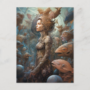 Carte Postale Cyborg Femme Entourée De Créatures