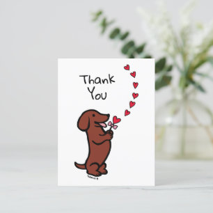 Carte Postale Dachshund à poil lisse rouge cœurs merci