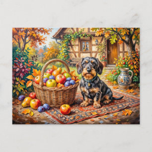 Carte Postale Dachshund assis à côté d'un panier de fruits en au