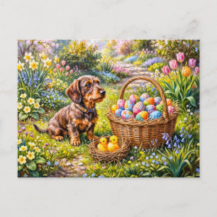 Carte Postale Dachshund assis avec panier de Pâques dans le jard