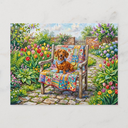 Carte Postale Dachshund assis sur une chaise de jardin patchwork (Devant)