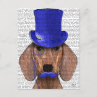 Dachshund avec chapeau bleu et moustache bleue