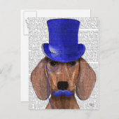 Carte Postale Dachshund avec chapeau bleu et moustache bleue (Devant / Derrière)