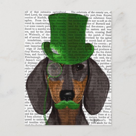 Carte Postale Dachshund avec Chapeau Vert Haut Chapeau Noir Tan (Devant)