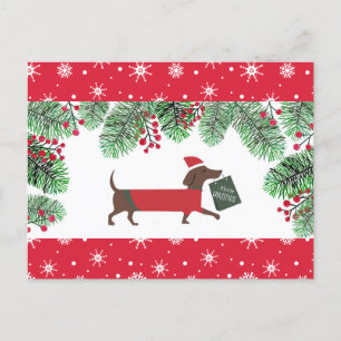 Carte Postale Dachshund Christmas mignon Chien Snowflakes Holly