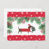 Carte Postale Dachshund Christmas mignon Chien Snowflakes Holly (Devant / Derrière)