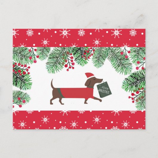 Carte Postale Dachshund Christmas mignon Chien Snowflakes Holly (Devant)
