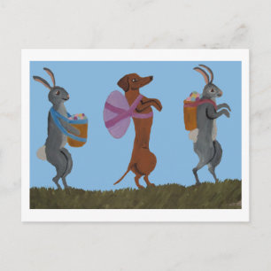 Carte Postale Dachshund de Pâques et lapins en marche