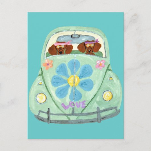 Carte Postale Dachshund Hippies Dans Leur Flower Love Mobile (Devant)