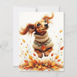 Carte Postale Dachshund jouant dans les feuilles d'automne