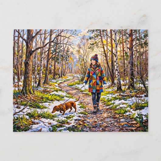 Carte Postale Dachshund marchant le long d'un chemin forestier e (Devant)