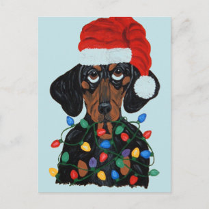 Carte Postale Dachshund Père Noël empêtré dans les lumières de N
