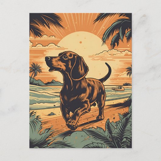Carte Postale Dachshund sur une plage tropicale au coucher du so (Devant)