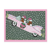 Dachshunds à Noël dans une décapotable rose