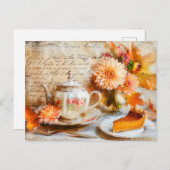 Carte Postale Dahlia Bloom with Pumkin Cake Slice and Teapot (Devant / Derrière)