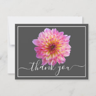Carte Postale Dahlia jaune rose Fond gris Merci
