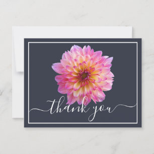 Carte Postale Dahlia rose et jaune Fond Navy Merci
