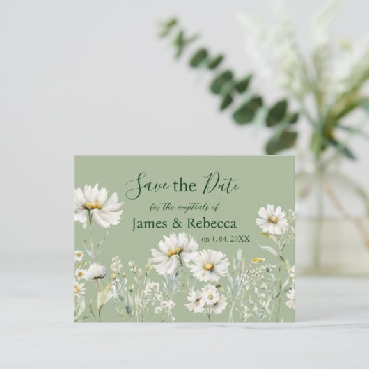 Carte Postale Daisy Sage & Botanical Wedding Save the Date (Debout devant)