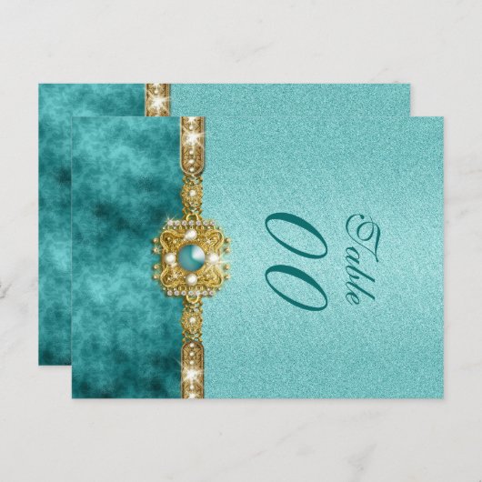 Carte Postale Damask "numéro de table" mariage or turquoise (Devant / Derrière)