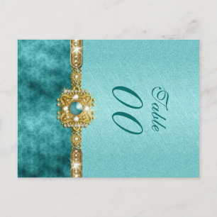 Carte Postale Damask "numéro de table" mariage or turquoise