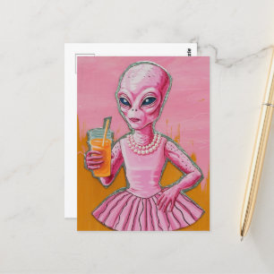 Carte Postale Dame Alien en rose avec jus d'orange