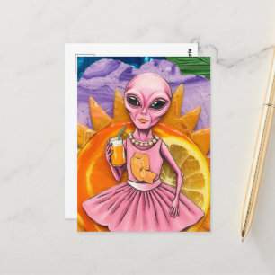 Carte Postale Dame Alien en rose avec Jus d'orange Soleil orange